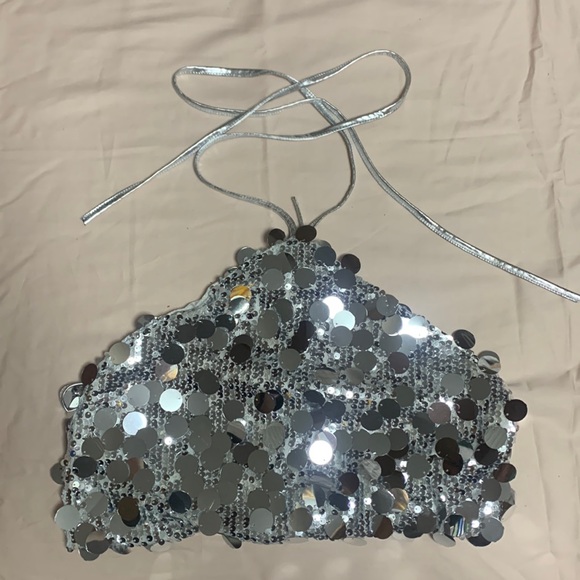Cider Silver Paillette Sequin Halter Crop Top - Picture 1 of 4